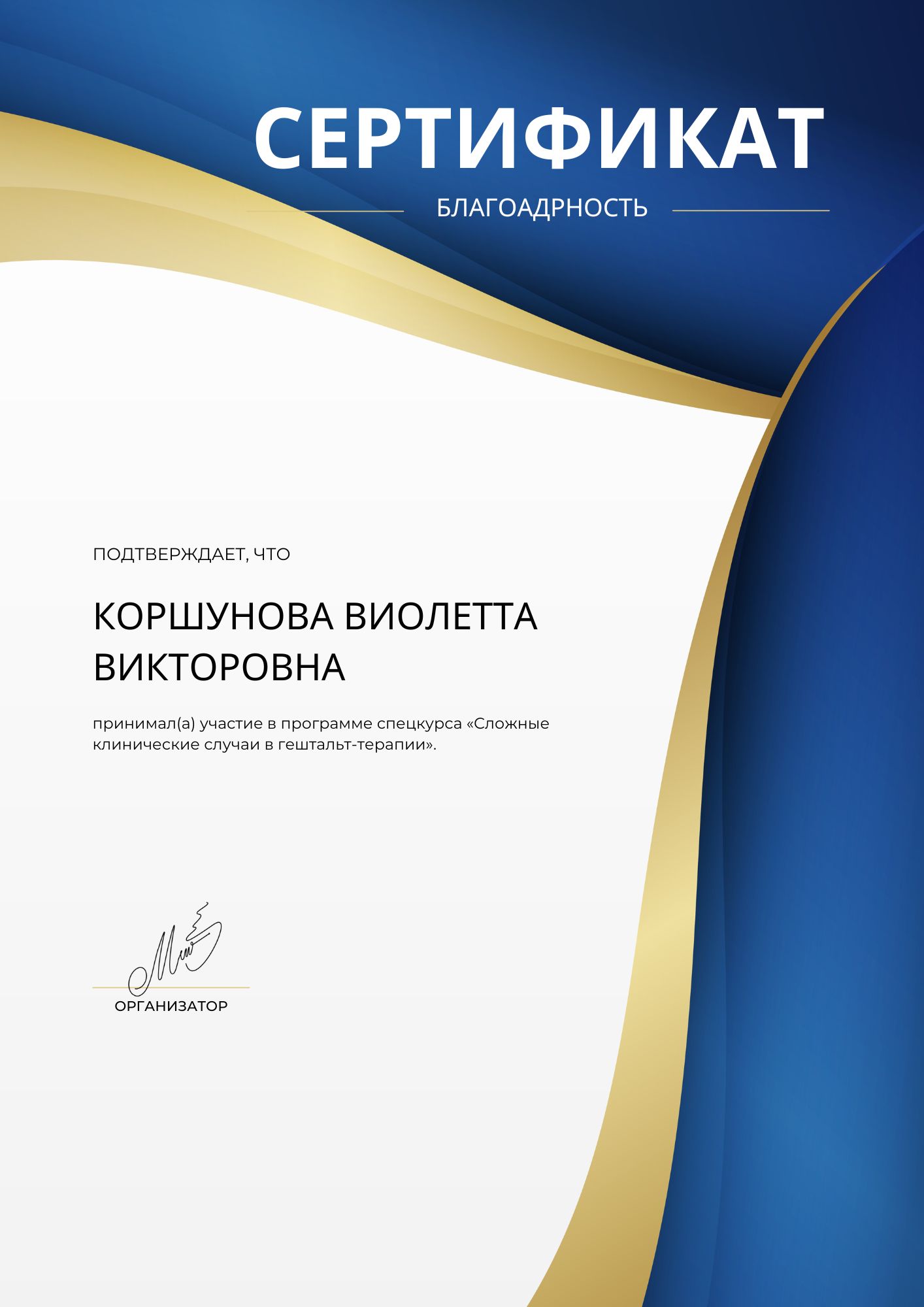Фотография сертификата Коршуновой Виолетты Викторовны за участие в спецкурсе